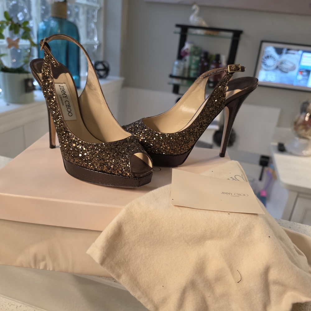 Jimmy Choo Gold Glitter Slingback Peep-Toe Platform Heels